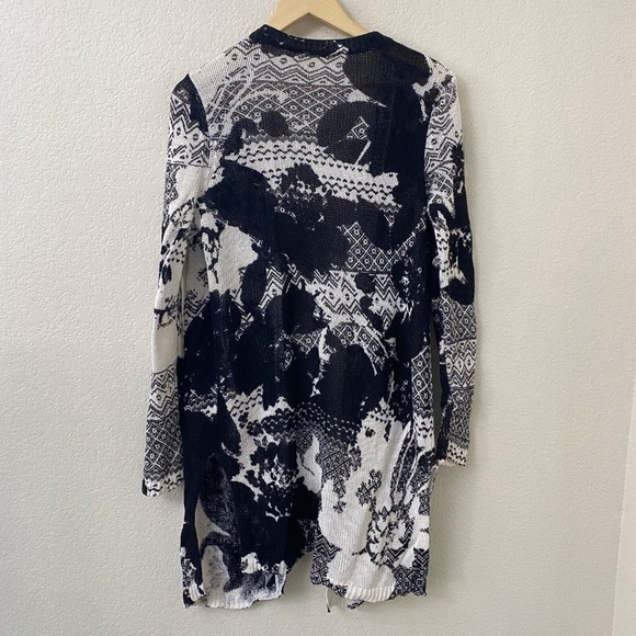 Chicos Linen Blend Sweater Cardigan 1 or Medium Black White Open Front - Picture 3 of 4